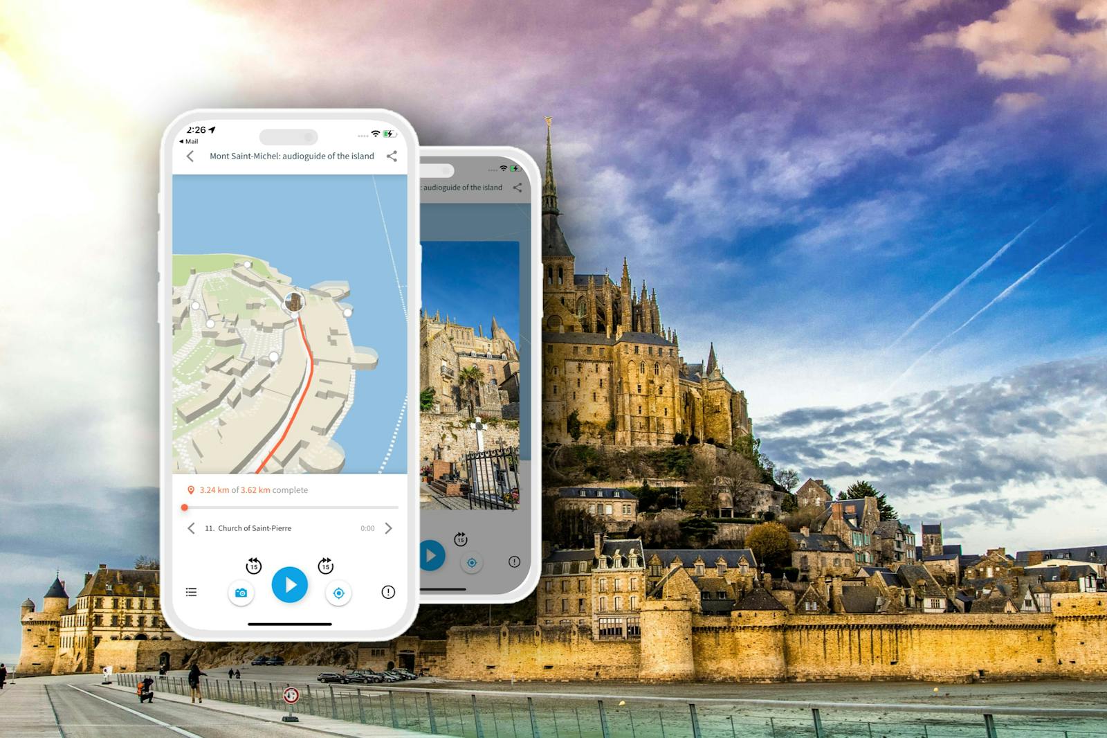 Luftbild av Mont Saint-Michel-abbeyen med mobilapp